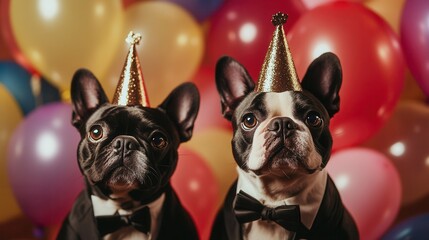 Dogs celebrate at a festive party with colorful balloons and party hats in a cheerful setting