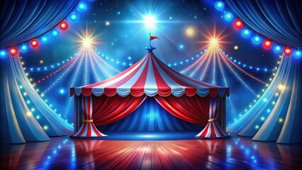 Colorful Circus Scene with Blue and Red Backdrop, lights, movement,  lights, movement, red, big top, celebration