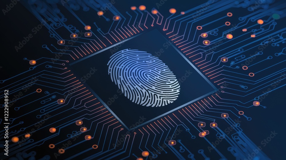 Poster fingerprint authentication on a circuit board; digital security and biometric technology.
