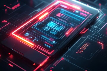 Obraz premium Futuristic Mobile Device with Neon Interface and Digital Elements