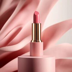 Luxurious lipstick on glossy pink pedestal, surrounded by soft pink fabric, creating elegant and inviting atmosphere. Perfect for beauty and cosmetic themes