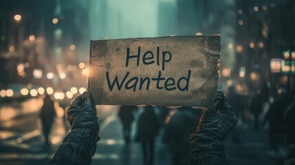 person holds cardboard sign reading Help Wanted on dimly lit urban street, evoking sense of economic struggle and urgency