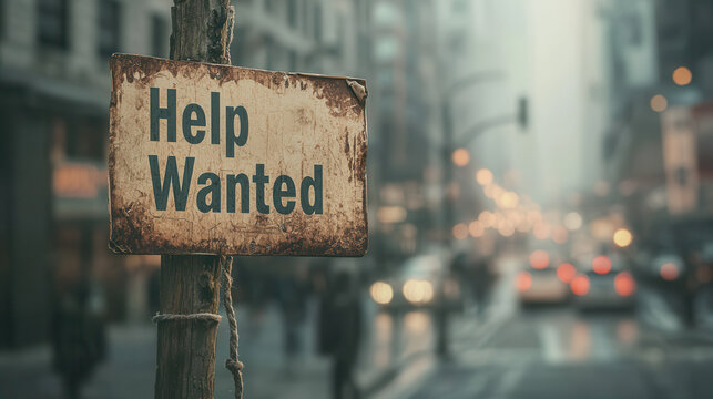 weathered Help Wanted sign on wooden post stands in focus against blurred urban street background, evoking sense of urgency