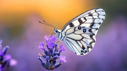 Obraz premium A delicate butterfly perched on vibrant lavender flowers at sunset.