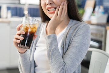 Health care asian young woman touching mouth, expression, girl suffering from toothache, decay or...