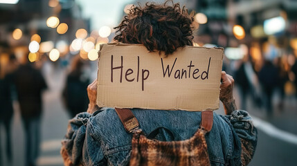 person holding cardboard sign reading Help Wanted in busy urban street, evoking sense of urgency and economic struggle