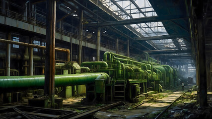 Abandoned industrial facility with green pipes and natural light during midday