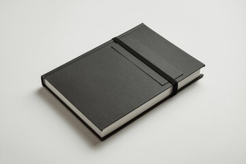 A closed dark gray hardcover book with a black elastic band closure rests on a white surface.