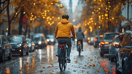 Cyclist autumn city street rain commute traffic
