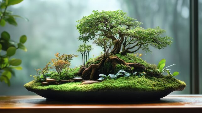 Intricately styled bonsai resembling a tiny rainforest, complete with mossy branches and vibrant leaves