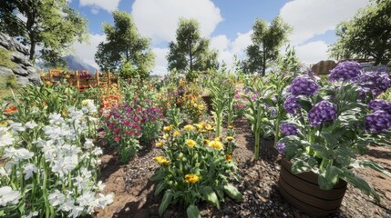 Vibrant Floral Garden with Colorful Blooms and Lush Greenery Surrounding a Naturally Scenic Landscape