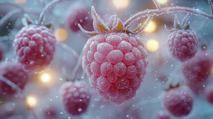 Frozen Raspberries on a Branch in Winter