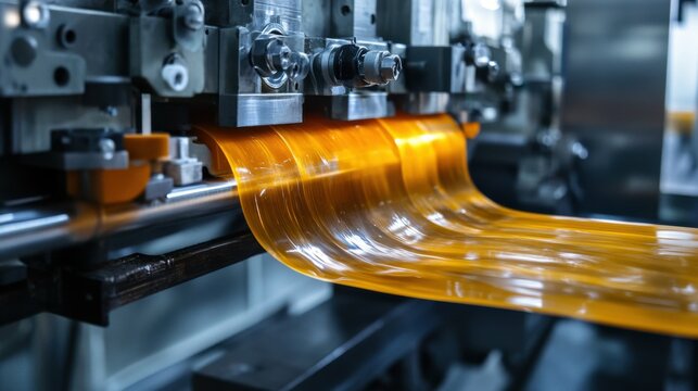 High-capacity machinery extruding molten plastic into thin, flexible sheets