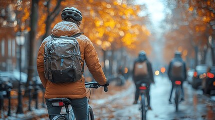 Cyclist in snowy city street, autumn leaves, commuters