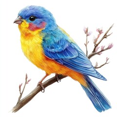Fototapeta premium Vibrant blue and orange bird perched on a branch with delicate pink blossoms in a serene setting