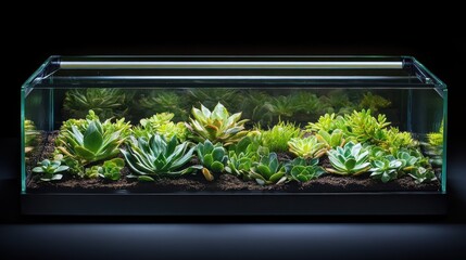 A glass fish tank with a variety of succulents and plants.