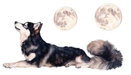 Obraz premium A serene black and white dog lying gracefully under two full moons in a tranquil, dreamy landscape
