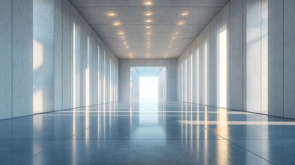 Fototapeta premium The long, empty hallway with concrete walls and floor.