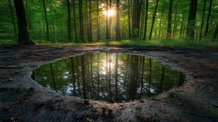 large reflective puddle in the middle of a forest, sunlight filtering through trees, calm and tranquil atmosphere, perfect for illustrating natural beauty