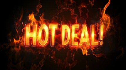 Fiery "Hot Deal" text surrounded by flames on a dark background. Ideal for marketing, sales, or promotional materials.