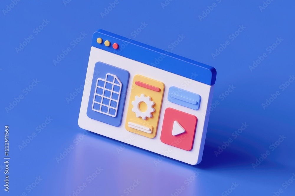 Poster 3D rendering of a web browser window with colorful app icons representing various features and functionalities.