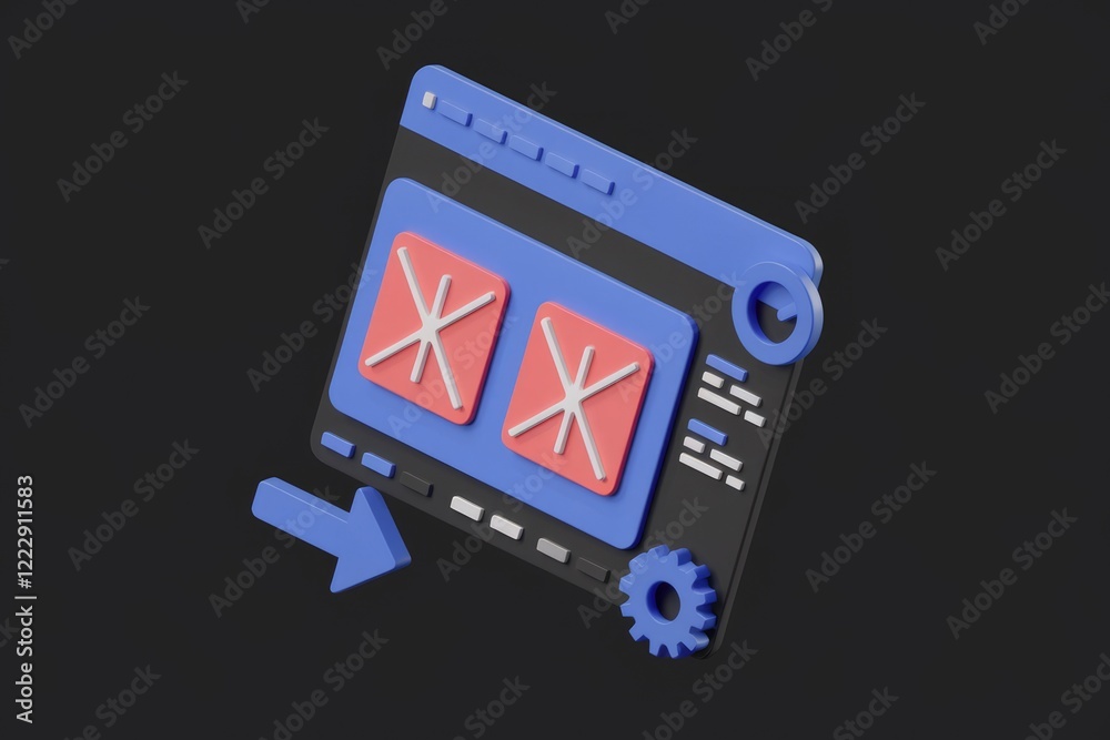 Poster 3D render of a website interface showing data export process with icons.
