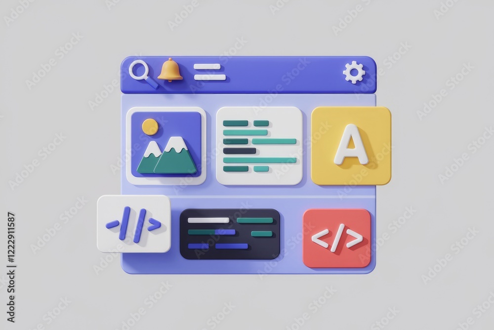 Poster 3D render of a user interface with coding, image, text and settings icons.