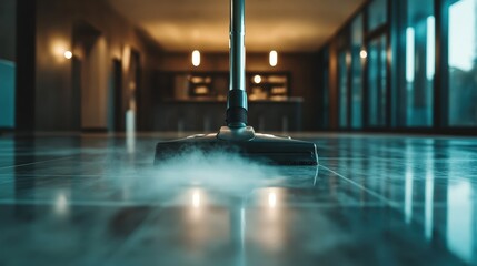 A steam cleaner standing on a reflective floor in a well-lit space creates a clean and vibrant environment, showcasing the power of steam cleaning in contemporary homes.