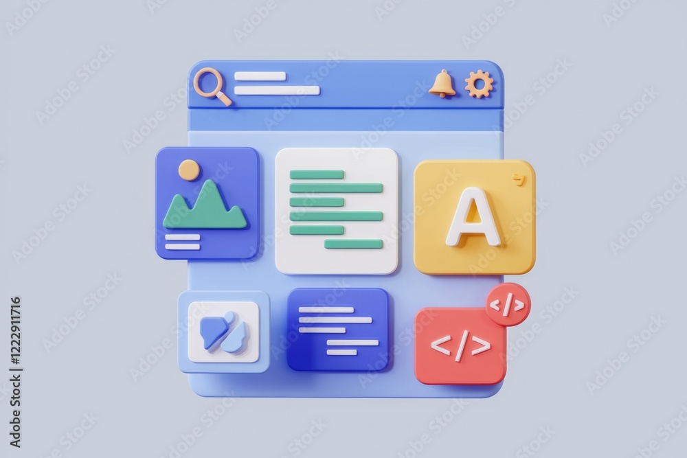 Poster 3d illustration of a website interface with icons representing various content types like text, imag