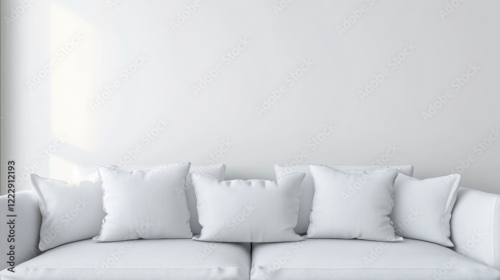 Poster Modern minimalist sofa with white pillows on neutral background ideal for interior design and advertising purposes with ample empty space for text
