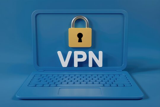 A blue laptop screen displays a padlock and the word VPN, symbolizing online security and privacy.