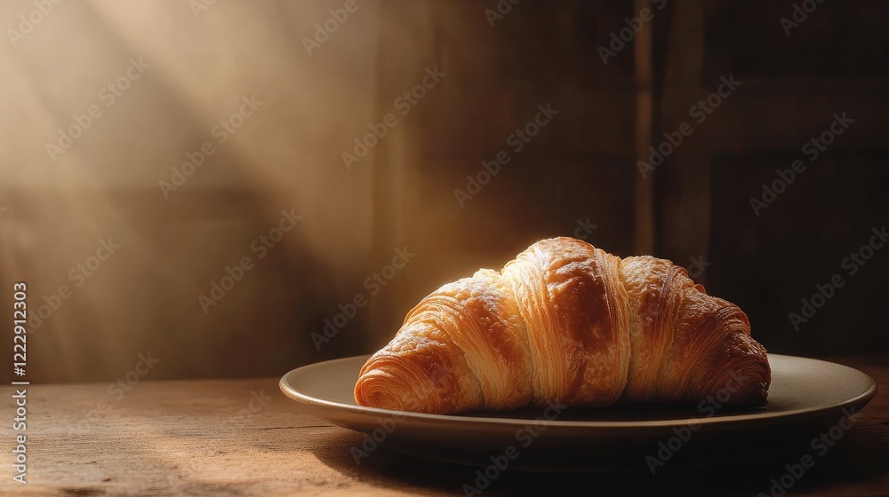 Poster Freshly baked golden croissant on a plate with soft lighting and ample copy space for text or branding in a rustic setting