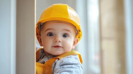 Adorable young child in a construction helmet and vest, smiling at the camera in a bright setting with space for text or graphics