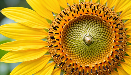 Macro shot of sunflower seed head showing perfect spiral pattern, nature's design
