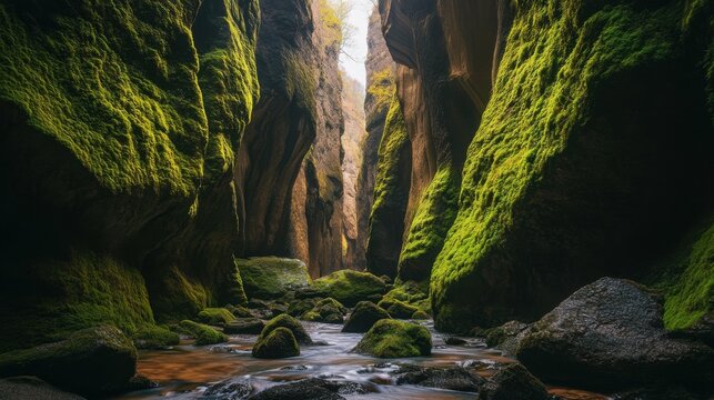 hidden canyon with glowing moss-covered walls, symbolic of exploration and mystery, atmospheric cinematic composition