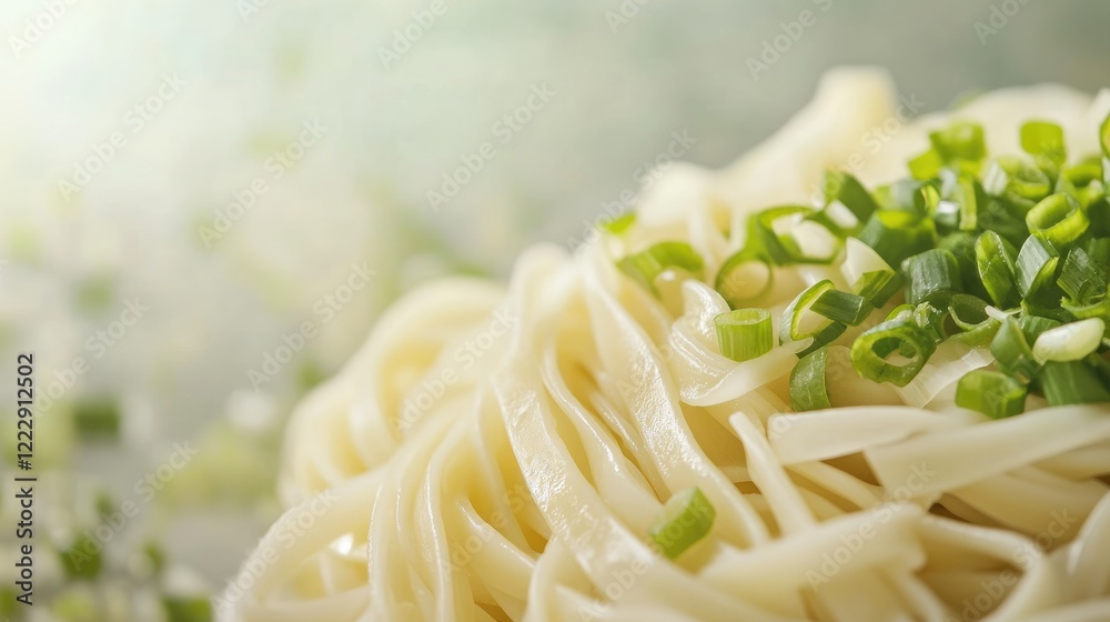 Poster close up of a tempting noodle dish topped with fresh chopped green onions against a soft blurred bac