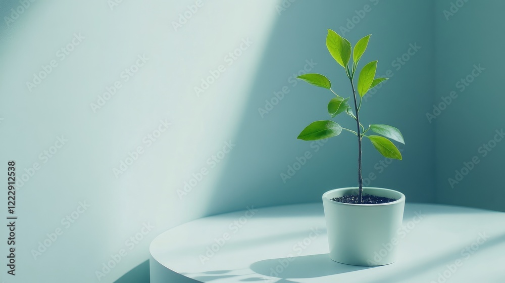 Aufkleber minimalist interior with green potted plant on white table against soft blue background highlighting