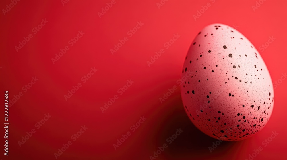 Poster Close up of a speckled pink Easter egg on a vibrant red background with ample empty space for text or holiday messaging