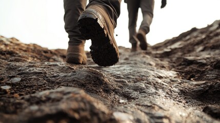 Close up of hikers trekking on uneven mountain path showcasing footwear and rugged terrain with space for text overlay