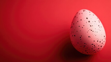 Close up of a speckled pink Easter egg on a vibrant red background with ample empty space for text or holiday messaging