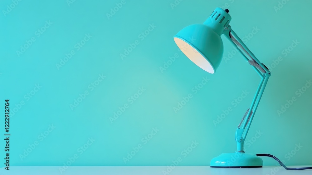 Poster Close up of Blue Desk Lamp on Vibrant Green and White Background with Ample Copy Space for Text and Design Elements