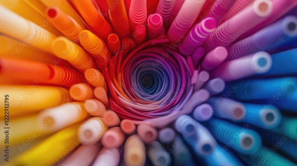 Poster Vibrant spiral of colorful markers showcasing bright hues against a blurred background with ample copy space for design or text placement.
