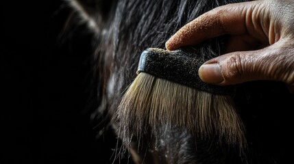 Close up of hand grooming a horse with a brush showcasing the detailed texture of the horse's mane and empty space for text use.