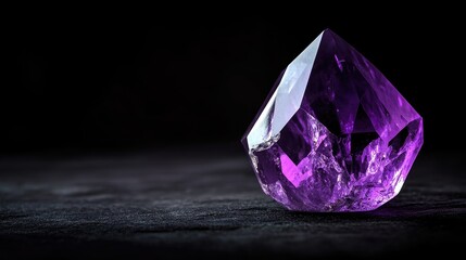 Purple amethyst crystal close up against a dark background highlighting its intricate details with space for text insertion