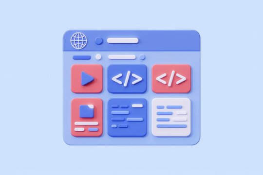 3D rendering of a website interface with various elements like video player, code snippets, and text blocks.
