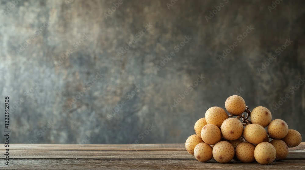 Aufkleber Fresh longan fruit cluster on rustic wooden table with textured background and ample space for adding text or branding elements.