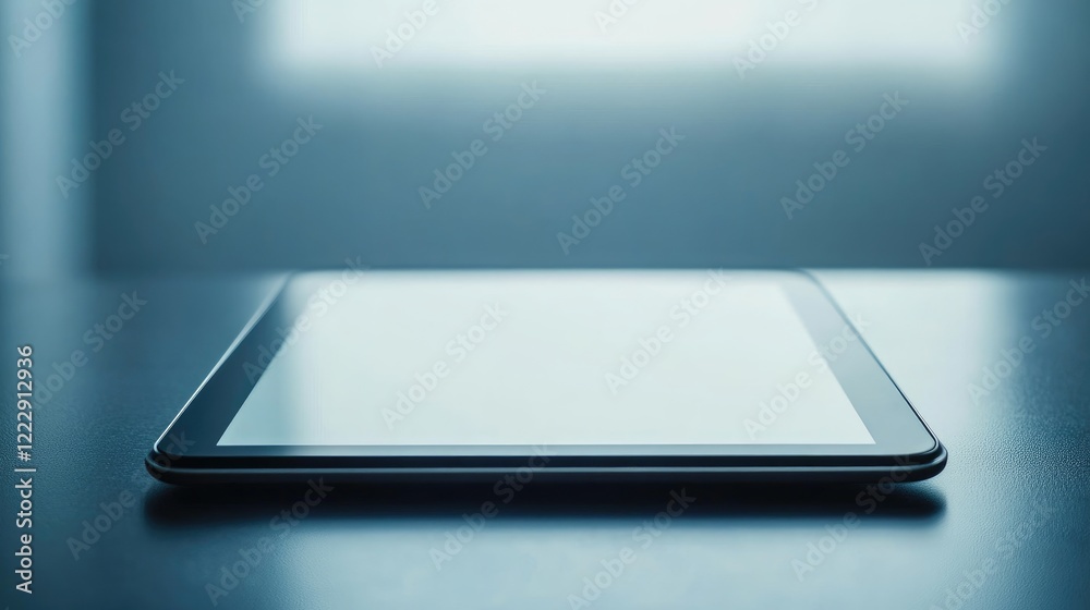 Aufkleber Modern digital touchscreen tablet on a dark surface with empty space for text and soft background light for creative design concepts.