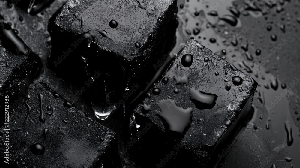 Poster close up of dark ice cubes with water droplets on a textured surface creating a minimalist backdrop 