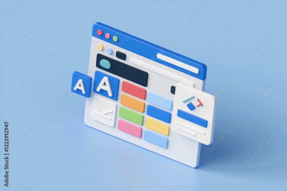 Poster 3D rendering of a website interface with colorful buttons and text, showcasing web design and development.