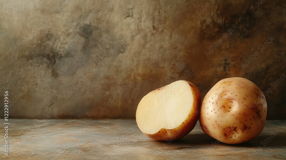 Poster Close up of halved tan potatoes on textured background with ample empty space for text and design elements in food photography concept